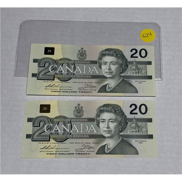 (2) 1991 Canada Twenty Dollars - (In Sequence & Uncirculated).