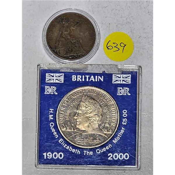 Great Britain Queen Mother 2000 Five Pounds Coin & George V Penny