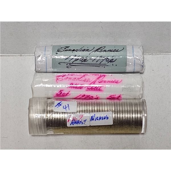 (1) Roll 1967 Rabbit Nickles, (2) Rolls of Canada Pennies Dated 1960’s & 70’s