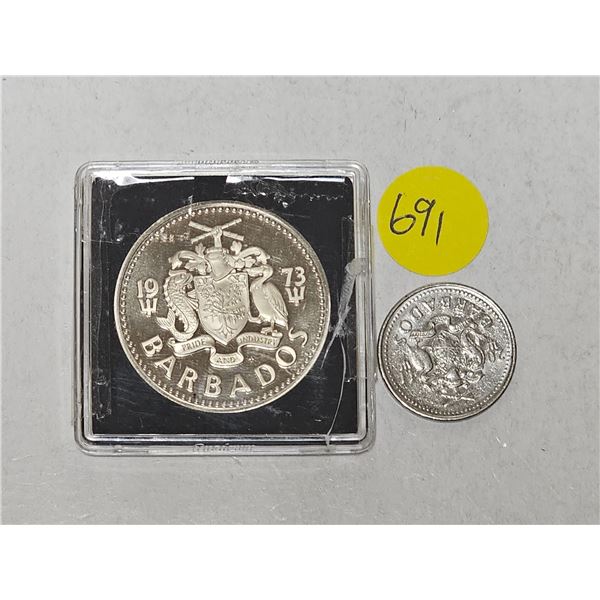 (2) Barbados Coins - 1973 Two Dollars Fish & 25 Cents Windmill