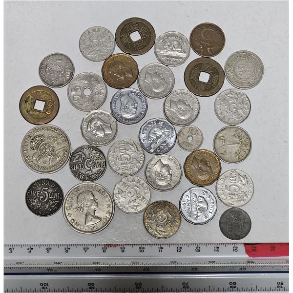Lot of Assorted Foreign Currency Coins and Canadian Nickels