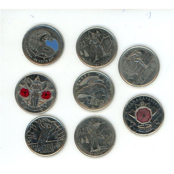(8) Assorted Coloured and Uncoloured Canadian Commemorative Quarters