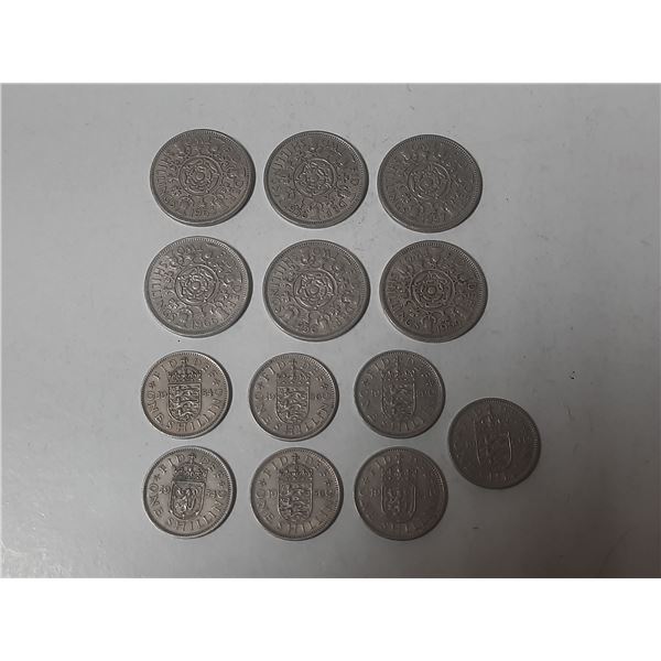 UK - 7 - One Shilling (5 w/Triple Lion Crown Shield) & 6 - 2 Shillings