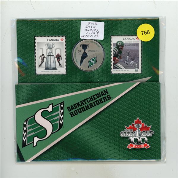 2012 Saskatchewan Roughriders commemorative set featuring a 25-cent coloured coin and two stamps.