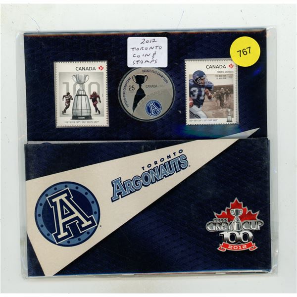 2012 Toronto Argonauts Coloured Coin and Stamp Set released by the Royal Canadian Mint and Canada Po