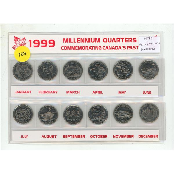 Complete 12-piece set of Canadian 1999 Millennium Quarters, featuring one unique commemorative desig