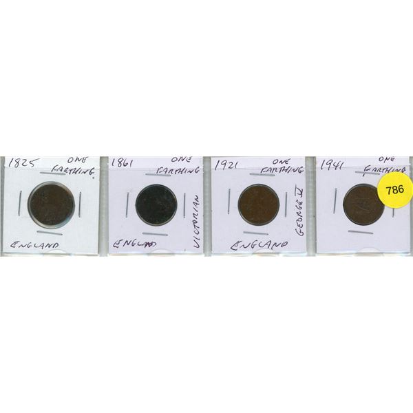 Set of four British farthing coins, each individually housed in protective cardboard holders.