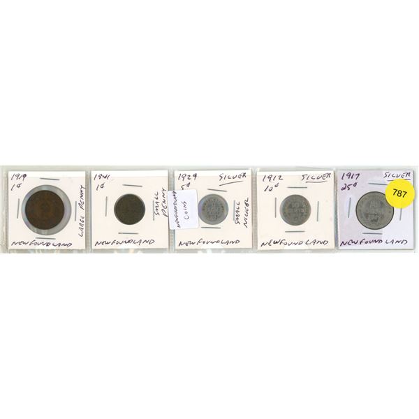 Collection of Newfoundland coins includes various denominations from the early 20th century.