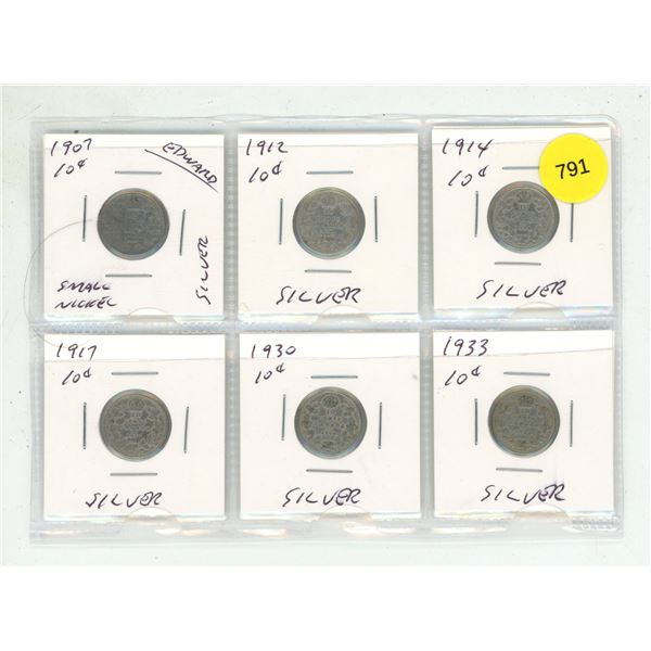 1907, 1912, 1914, 1917, 1930, 1933 Canada Silver 10 Cents.