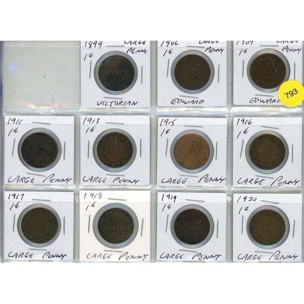 1899, 1906, 1909, 1911, 1913, 1915-1920 Canada Large One Cents.