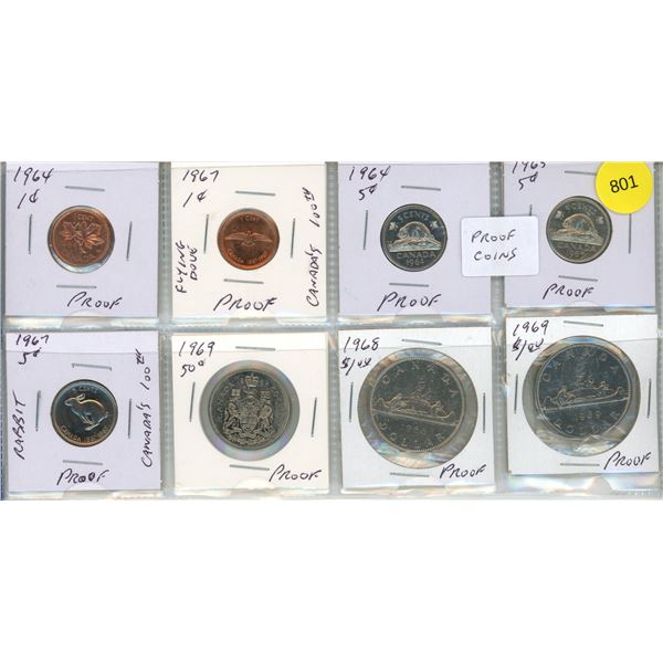 1964 & 1967 One Cent, 1964-1965 &1967 Five Cents, 1969 Fifty Cents, 1968 & 1969 One Dollar Canadian 