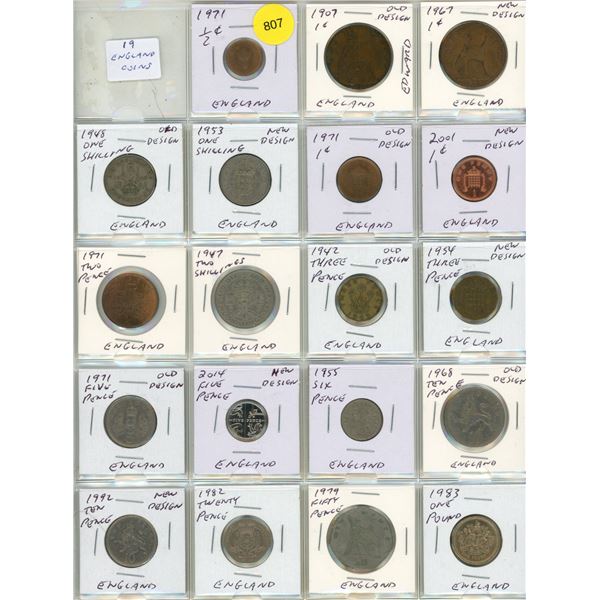 Sheet of England Coins.  (Total 19 Coins)