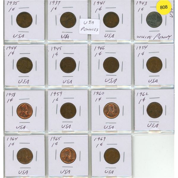 1935, 1937, 1941, 1943-1946, 1954, 1958-1960, 1962, 1964, 1965, 1969 U.S.A One Cent Coins. (Total 15