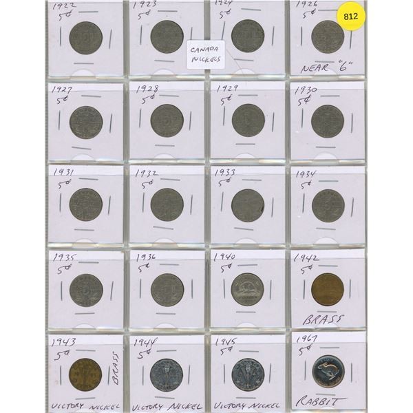 Sheet of Canada 5 Cents. (Total 20 Coins)