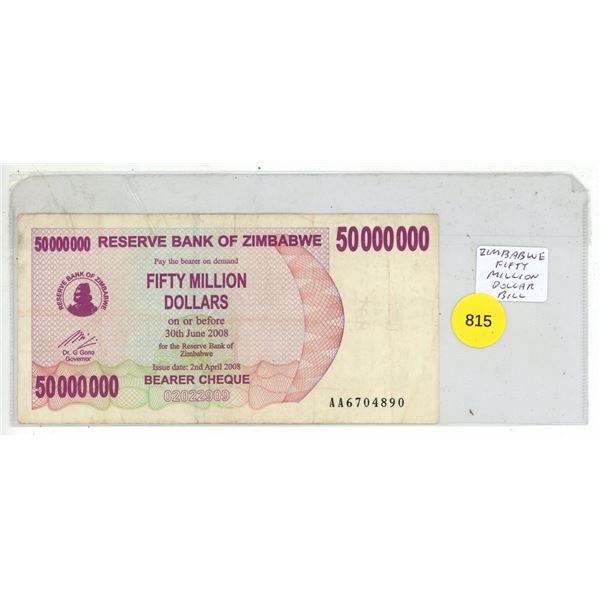 50 million dollar bearer cheque issued by the Reserve Bank of Zimbabwe on April 2, 2008.