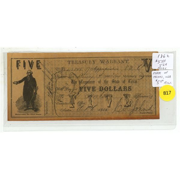 1862 $5 Texas Treasury Warrant issued for military service.