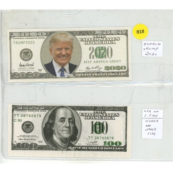 Donald Trump 2020 Presidential Novelty Dollar Bill AND 2012 series United States $100 Federal Reserv