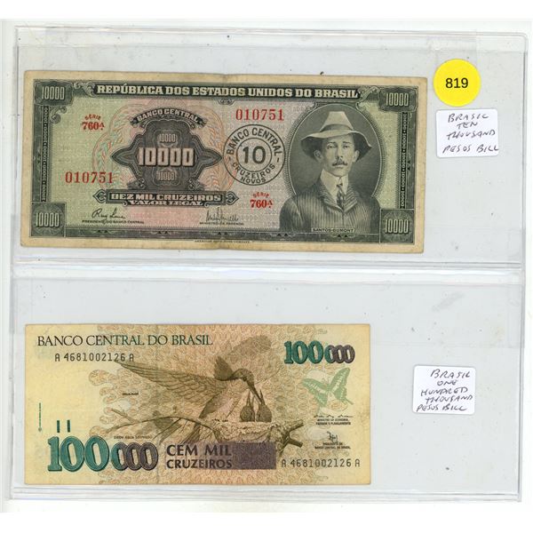 Brazilian 10,000 and  100,000 Cruzeiros banknote.