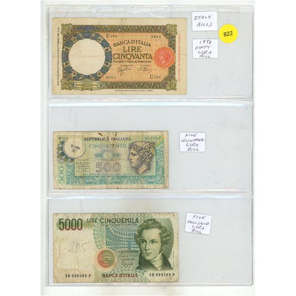 Vintage Italian Lira banknotes, including a 1930s 50 Lire bill, a 500 Lire bill, and a 5000 Lire bil