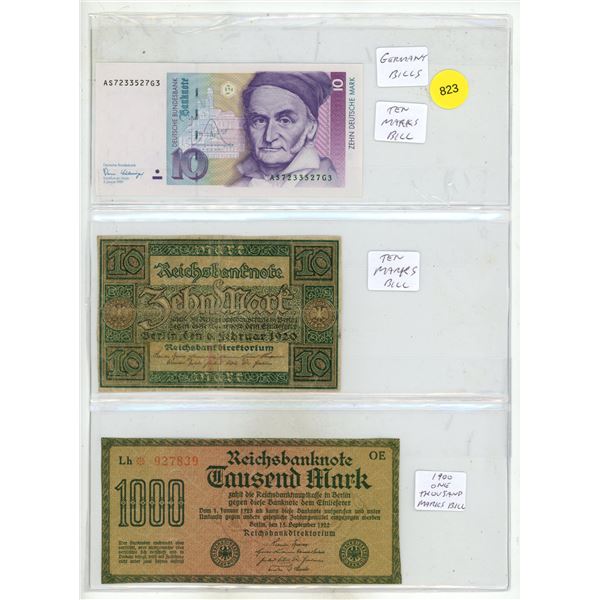 Three different historical German banknotes - 10 Deutsche Mark bill, 10 Mark Reichsbanknote dated 19