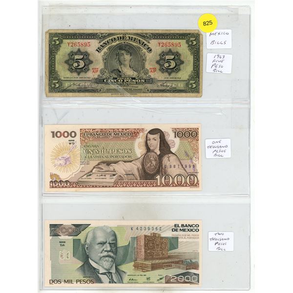 Three historic Mexican banknotes: a 5 Pesos note from 1963, a 1000 Pesos note, and a 2000 Pesos note