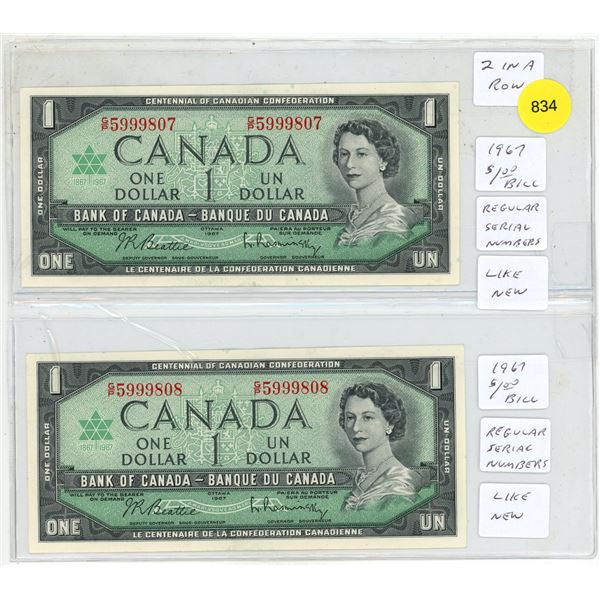 (2) 1967 Canada One Dollars - (In Sequence & Uncirculated)
