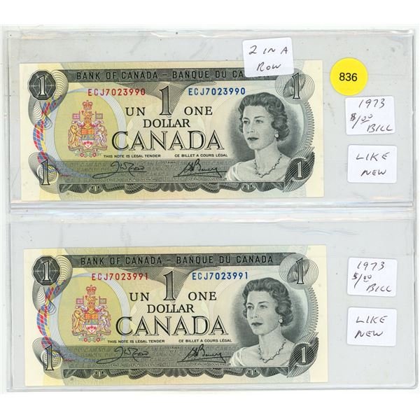 (2) 1973 Canada One Dollars - (In Sequence & Uncirculated)