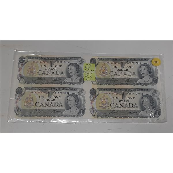Sheet of Uncut 1973 Canada One Dollars. (Total 4 Bills)
