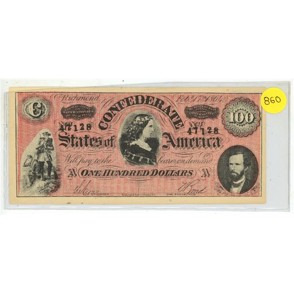 February 17, 1864, $100 Confederate States of America note.