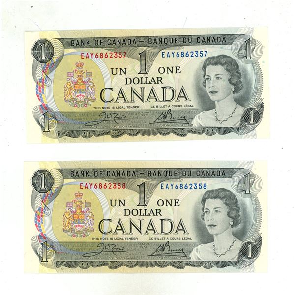 (2) 1973  Bank of Canada One Dollar (Uncirculated & In Sequence)