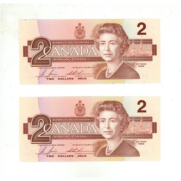 (2) 1986  Bank of Canada One Dollar (Uncirculated & In Sequence)