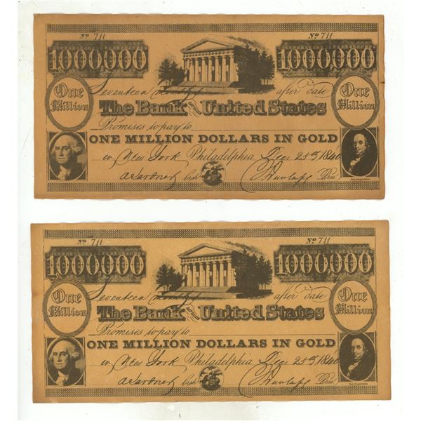 (2) Novelty - The  Bank United States - One Million Dollars In Gold.
