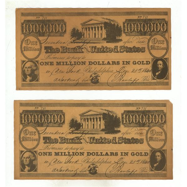(2) Novelty - The  Bank United States - One Million Dollars In Gold.