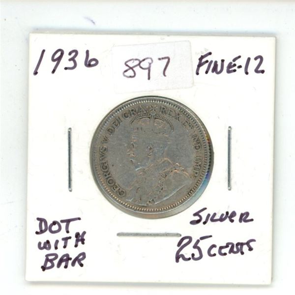 1936 Canada Dot with Bar Silver 25 Cents