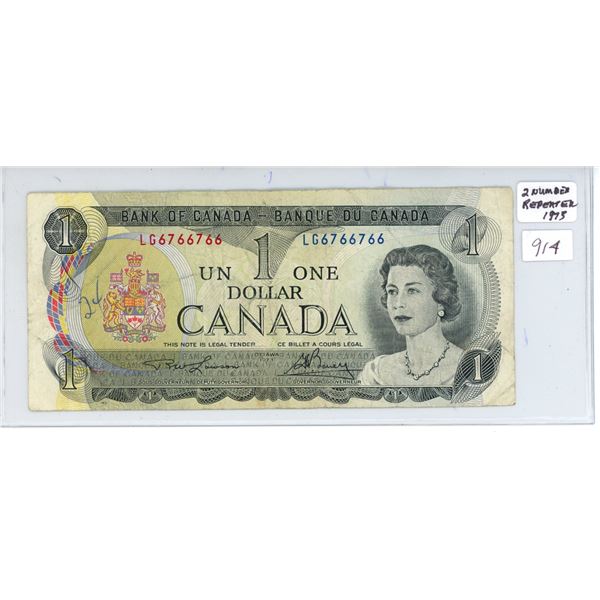 1973 Canada 2 Number Repeater One Dollar