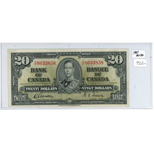 1937 Canada High Grade Twenty Dollar Bill