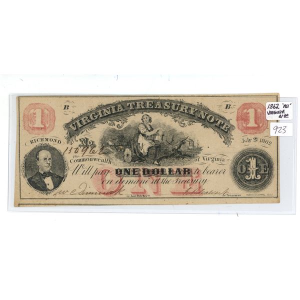 1862 Virginia Treasury Note One Dollar