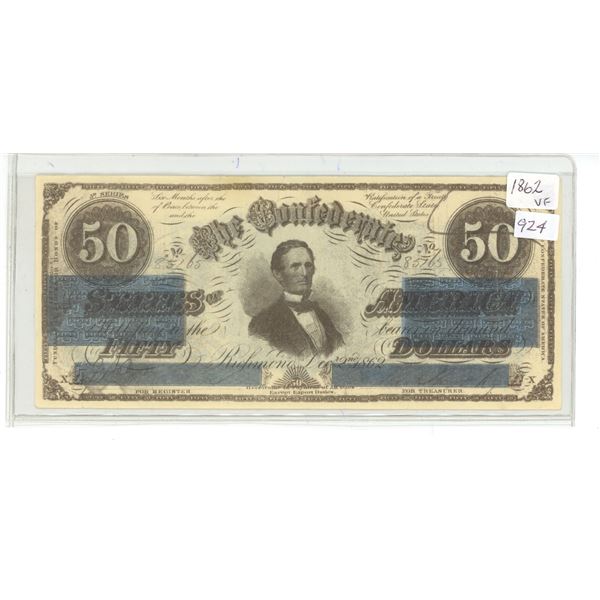 1862 Confederate States of America 50 Dollar Bill