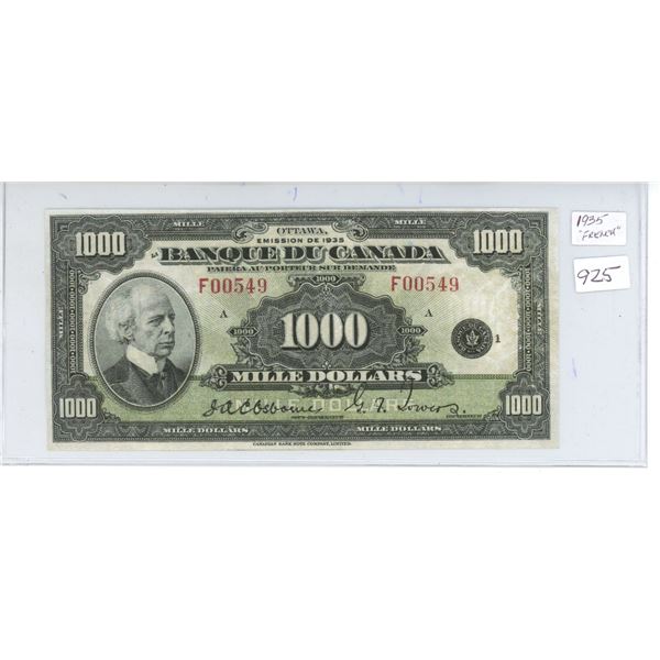 **REPRODUCTION** 1935 Canada One-Thousand Dollar Bill **FRENCH**