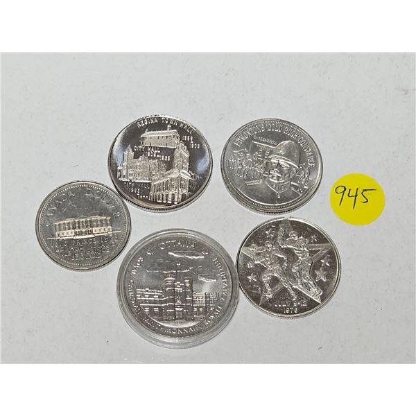 (5) Vintage Canadian Souvenir Tokens: PEI, Regina, Edmonton Klondike Days, Grey Cup, Ottawa