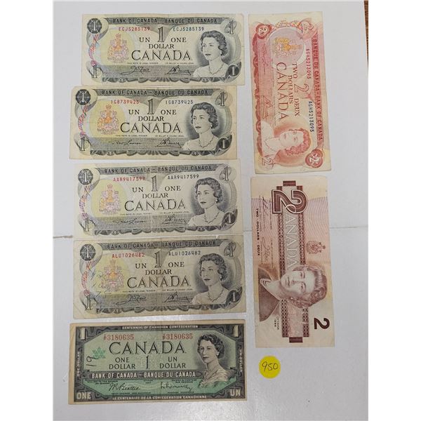 Lot of (7) Vintage Canadian Banknotes: Five $1 Bills & Two $2 Notes
