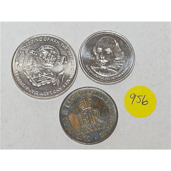 (3) Assorted Commemorative Medals: 1981 UK Royal Wedding, 1964 UK Shakespeare, 1953 Canada Coronatio
