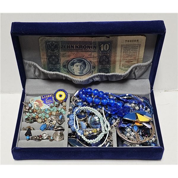 Vintage Blue Costume Jewelry in Box with 1915 Austro-Hungarian 10 Kronen Note