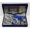Image 1 : Vintage Blue Costume Jewelry in Box with 1915 Austro-Hungarian 10 Kronen Note