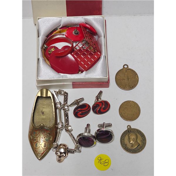 Mixed Lot inc. Brass Shoe Ashtray, Red Retro Jewelry, Souvenir Medallions, etc.