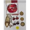 Image 1 : Mixed Lot inc. Brass Shoe Ashtray, Red Retro Jewelry, Souvenir Medallions, etc.