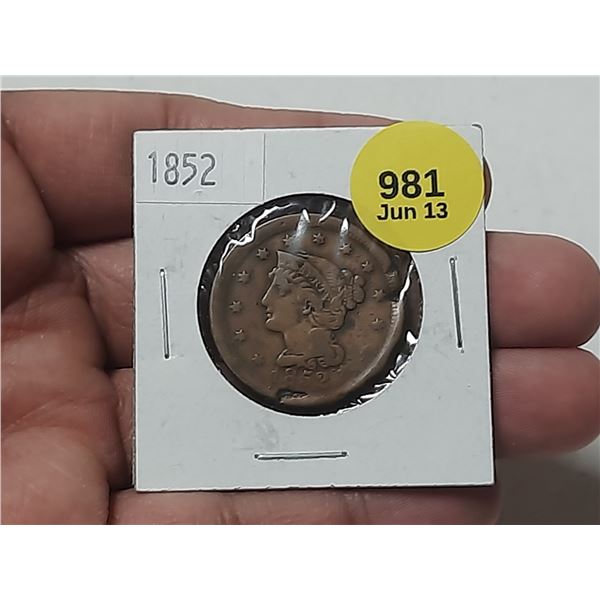 1852 U.S.A Large One Cent Coin.
