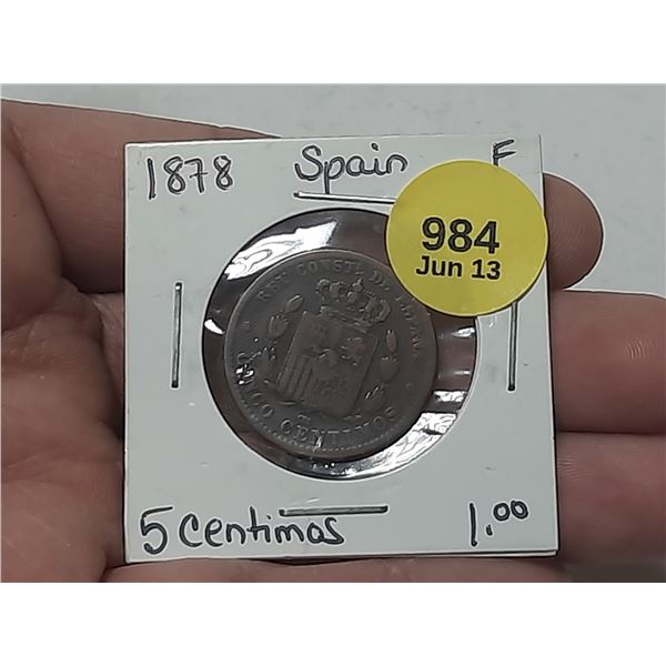1878 Spain 5 Céntimos Coin.