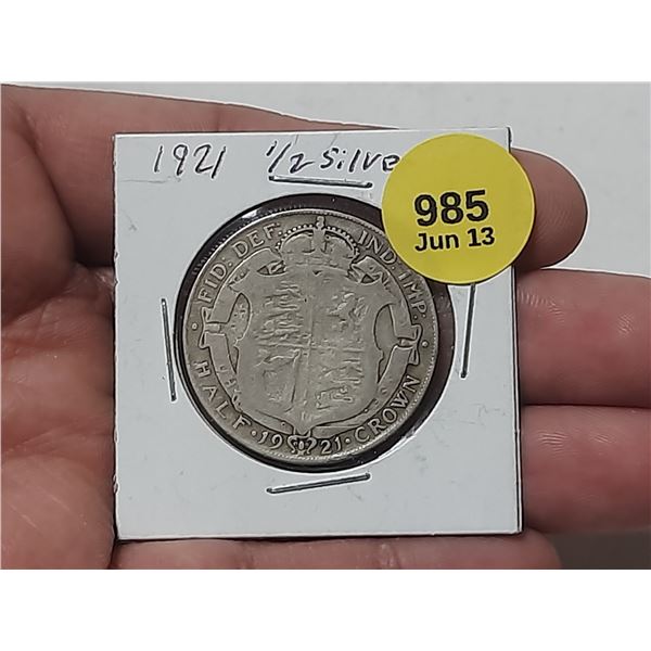 1921 Great Britain Half Crown Coin - 50% Silver.