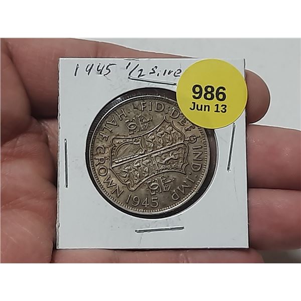 1945 Great Britain Half Crown Coin - 50% Silver.